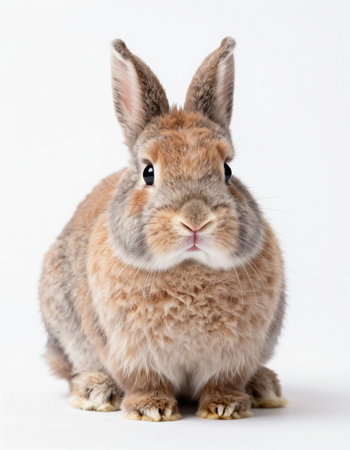 Cute brown rabbit sitting on white background. Studio shot. Isolated.の写真素材