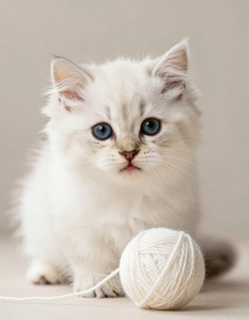 White kitten with blue eyes and a ball of yarn on a gray backgroundの写真素材