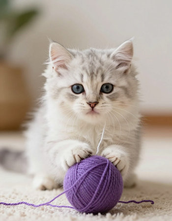 Cute little kitten playing with ball of yarn, close up.の写真素材