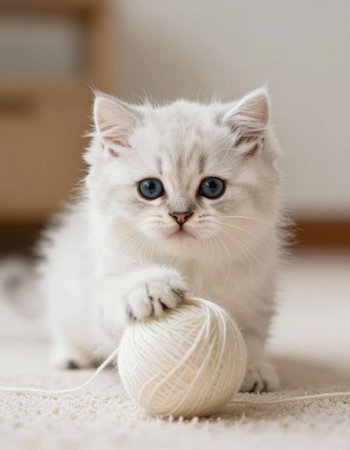 White kitten with blue eyes plays with a ball of thread on the carpetの写真素材