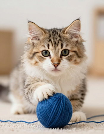 Cute tabby kitten playing with a ball of yarnの写真素材
