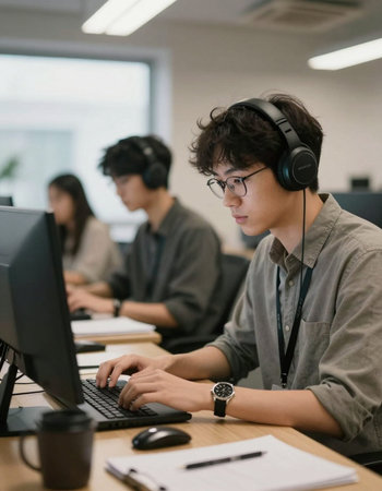 Young asian man in headphones working on computer at the office.の写真素材