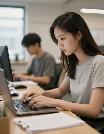 young asian woman working with computer in the office, education concept