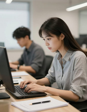 Young Asian businesswoman working with computer in office, business concept.