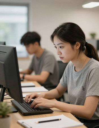 Young asian female college student using computer in class. Education concept.の写真素材