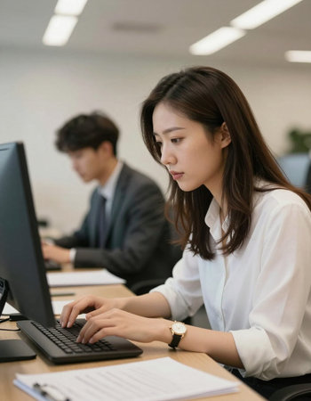 Young Asian businesswoman working on computer at office, focus on handsの写真素材