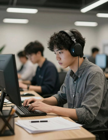 young asian male student with headphones and computer at modern school classroomの写真素材