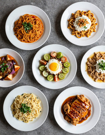 Set of different kinds of Chinese noodles in white plates on gray background.の写真素材