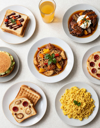 High angle view of a group of different dishes on a white backgroundの写真素材