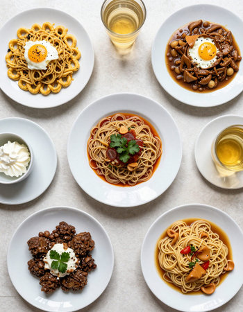Noodles with various fillings on white background, top view