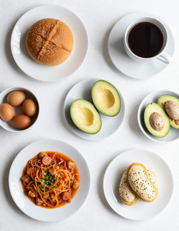 Spaghetti with tomato sauce, avocado, eggs and bread on a white backgroundの写真素材