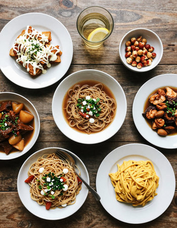 Selection of different types of pasta on wooden table, top viewの写真素材