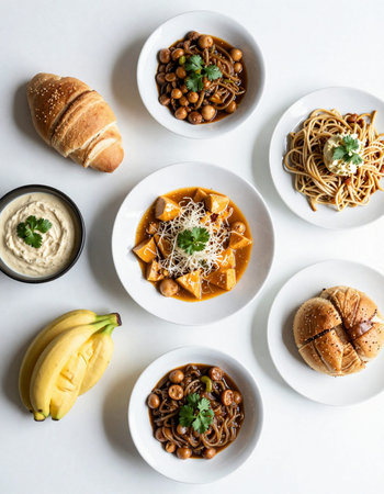 Selection of different types of Italian pasta including spaghetti, spinach, hazelnuts, hummus and...
