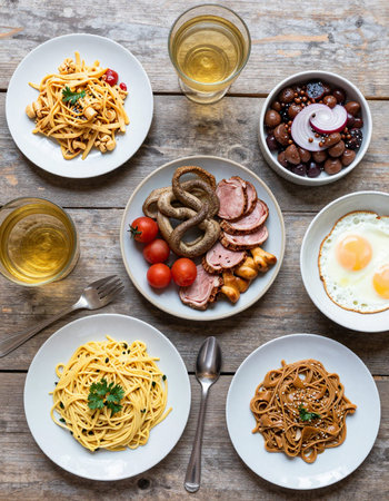 Traditional italian food. Noodles, pasta, fried eggs, sausages, olives, tomatoes on wooden background. Top viewの写真素材