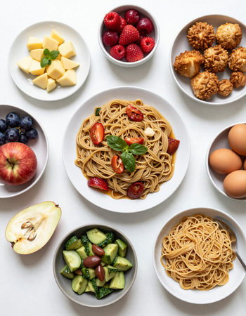 Healthy food selection in white bowls over white background. Top view, flat layの写真素材