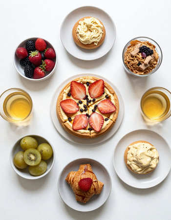 Top view of a set of cakes and pastries on a white backgroundの写真素材