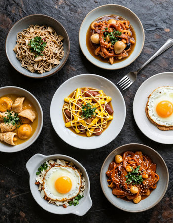 Noodles with sausages, mushrooms and eggs on dark backgroundの写真素材