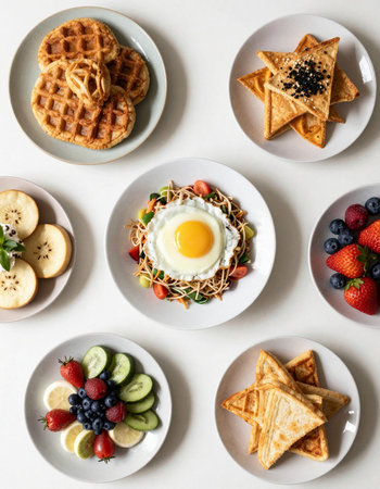Healthy breakfast with waffles, fruit and fried egg on white backgroundの写真素材