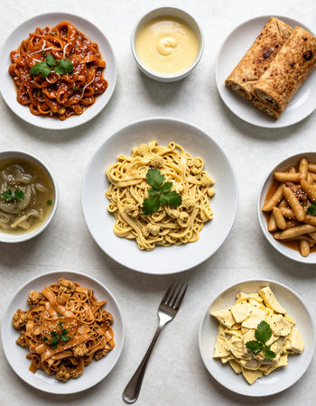 Bowls with different types of pasta on light background, top viewの写真素材