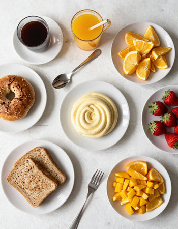 Healthy breakfast with orange juice, toast, coffee and jam.