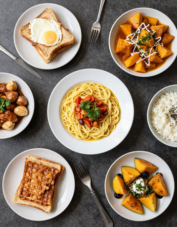 Vegetarian food on gray background. Top view, flat layの写真素材