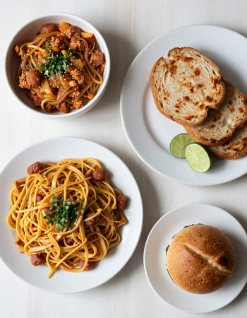 Spaghetti with Slices of Bread and Limeの写真素材