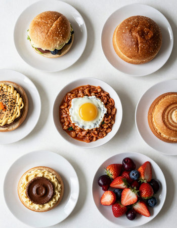 Breakfast with fried egg, hamburger, buns and berries on white backgroundの写真素材