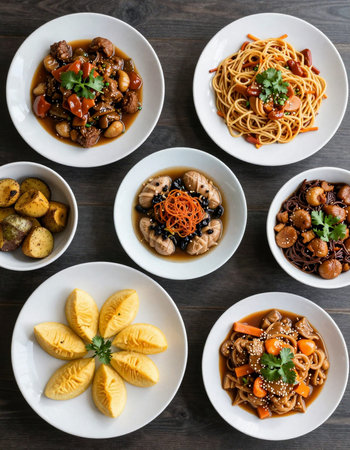 Selection of Chinese noodle dishes on wooden background, top viewの写真素材