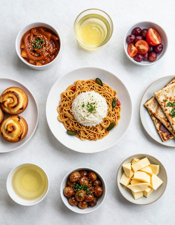 Traditional Chinese food on a white background, top view, flat layの写真素材
