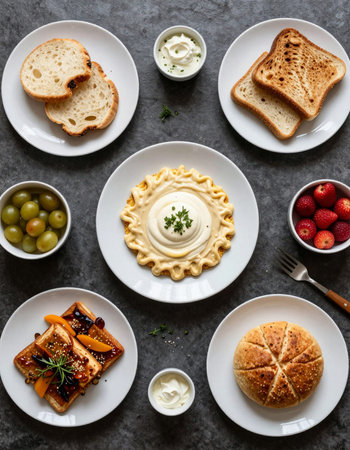 Top view of various dishes served in white plates on gray table.の写真素材