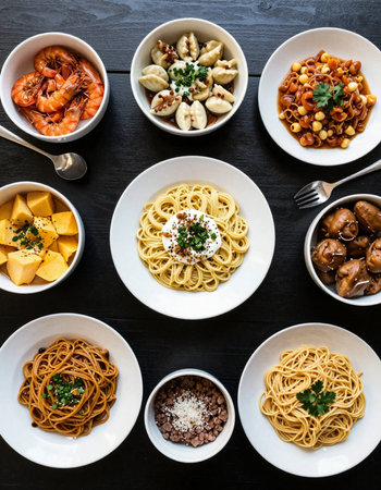 Selection of different types of pasta on a black wooden background. Top view.の写真素材