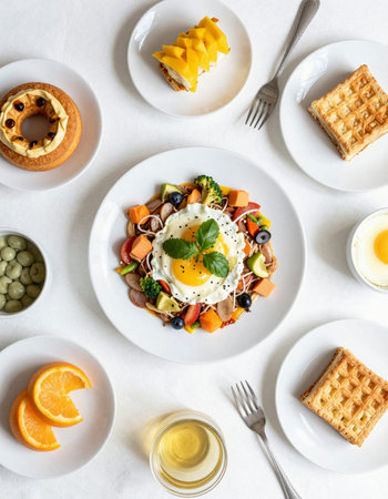 Healthy breakfast. Fresh vegetable salad with egg and waffles over white background. Top view, flat layの写真素材