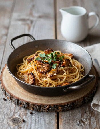 Spaghetti with fried chanterelle mushrooms and sesame seedsの写真素材