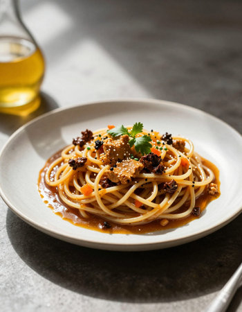 spaghetti with meat, vegetables and sesame seeds on a plateの写真素材