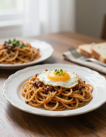 Spaghetti with fried egg on wooden tableの写真素材