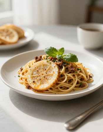 spaghetti with lemon and basil on a white plate with a cup of coffeeの写真素材