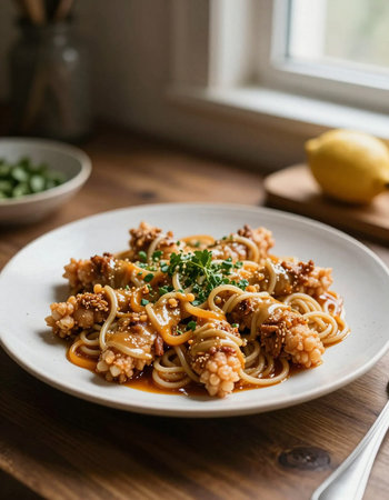 spaghetti with mushrooms and walnuts on a white plate, vertical