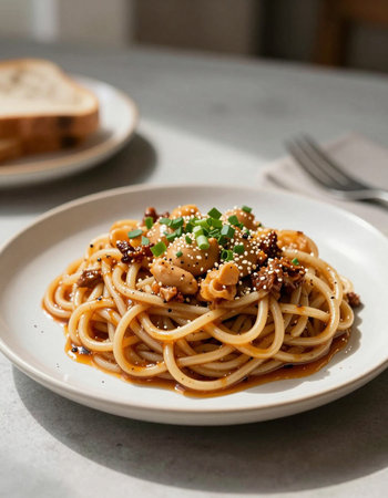 Spaghetti with sesame seeds on white plateの写真素材