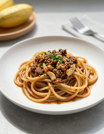 spaghetti with minced beef and vegetables on white plate, closeupの写真素材