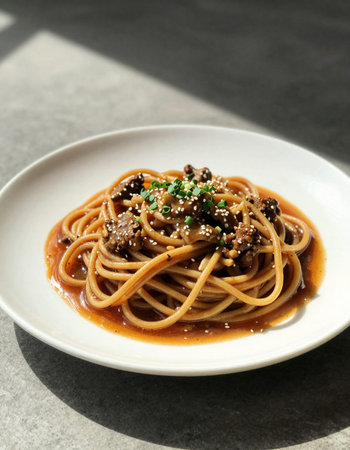 Spaghetti with beef and tomato sauce on white plateの写真素材