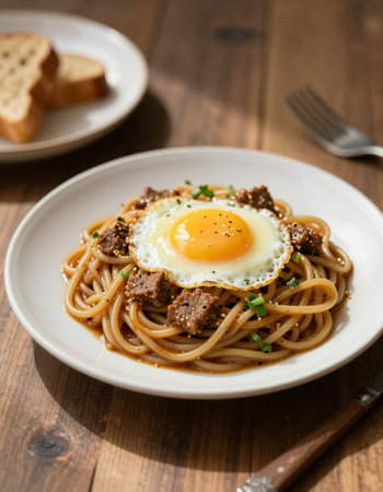 spaghetti with beef and fried egg on wooden tableの写真素材