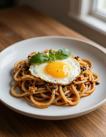 spaghetti with basil and fried egg on wooden table, italian foodの写真素材