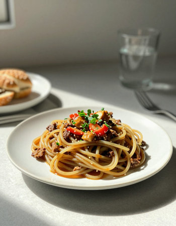 Spaghetti bolognese with minced meat and vegetables on white plateの写真素材