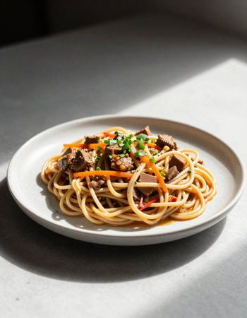 Spaghetti with beef and vegetables in a white plate on the tableの写真素材