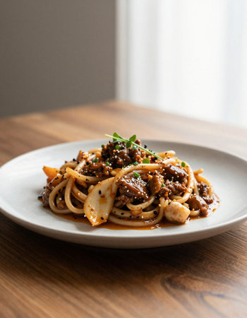 Stir-fried spaghetti with octopus, mushrooms and sesame seeds