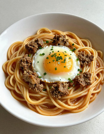 Spaghetti with egg and minced pork in a bowlの写真素材