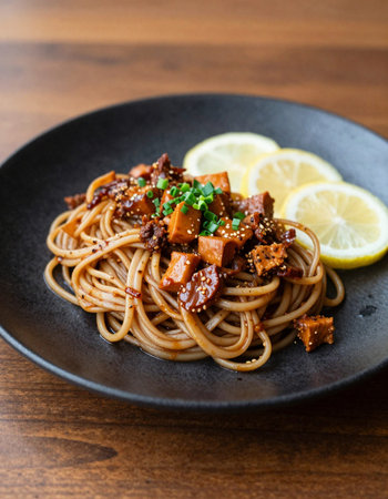 spaghetti with pork and sesameの写真素材