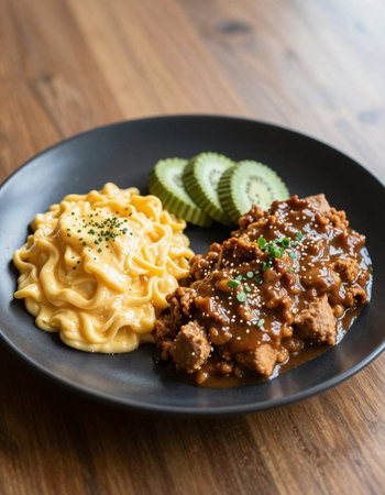 Beef Bourguignon with macaroni and kiwiの写真素材