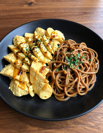 Japanese style buckwheat soba noodle with scrambled eggs on black plateの写真素材