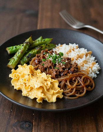 Buckwheat noodles with beef and green beans, selective focusの写真素材